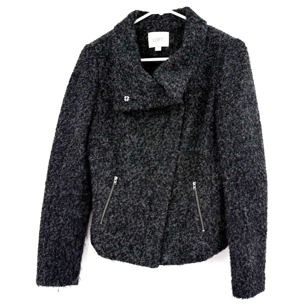 Loft Size 2 Zip Up Moto Style Jacket Gray Black Wool Blend Zip Pockets